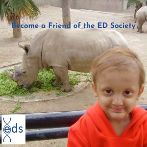 young boy affected by ed at the zoo with a rhino