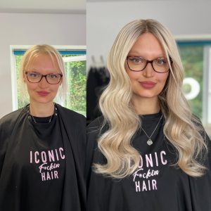 before and after of Jaye at Iconic Fckin Hair salon with her new long blonde hair 