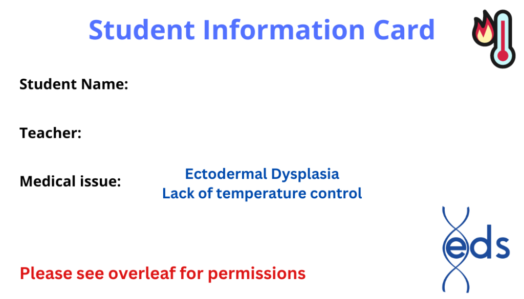 student information card for secondary school stating childs name teacher and medical issue