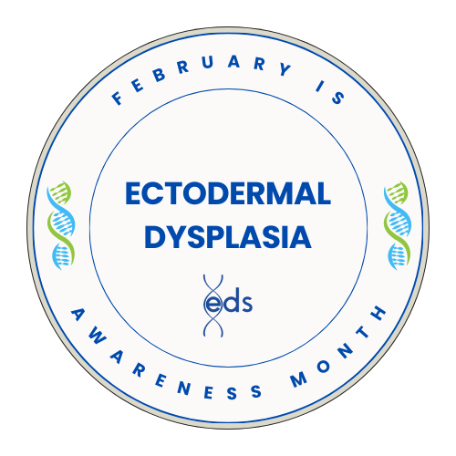 circle logo with dark blue outline with text saying february is ectodermal dysplasia awareness month along with EDS logo