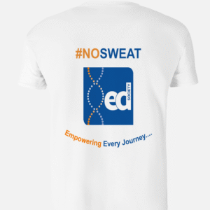white t-shirt showing blue and orange ED Society logo on the back with #NoSweat
