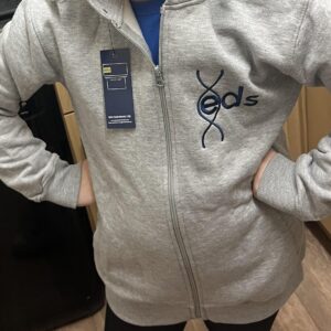 Front view of marl grey EDS zip up hoodie with dark blue embroidered logo to left of chest